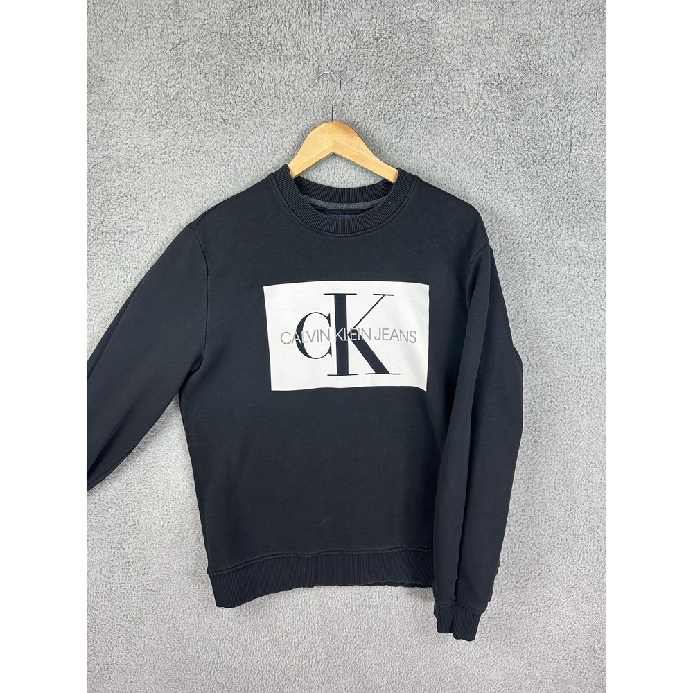 Calvin Klein Jeans Sweatshirt Mens Large Black CK Logo Crewneck Fleece Pullover
